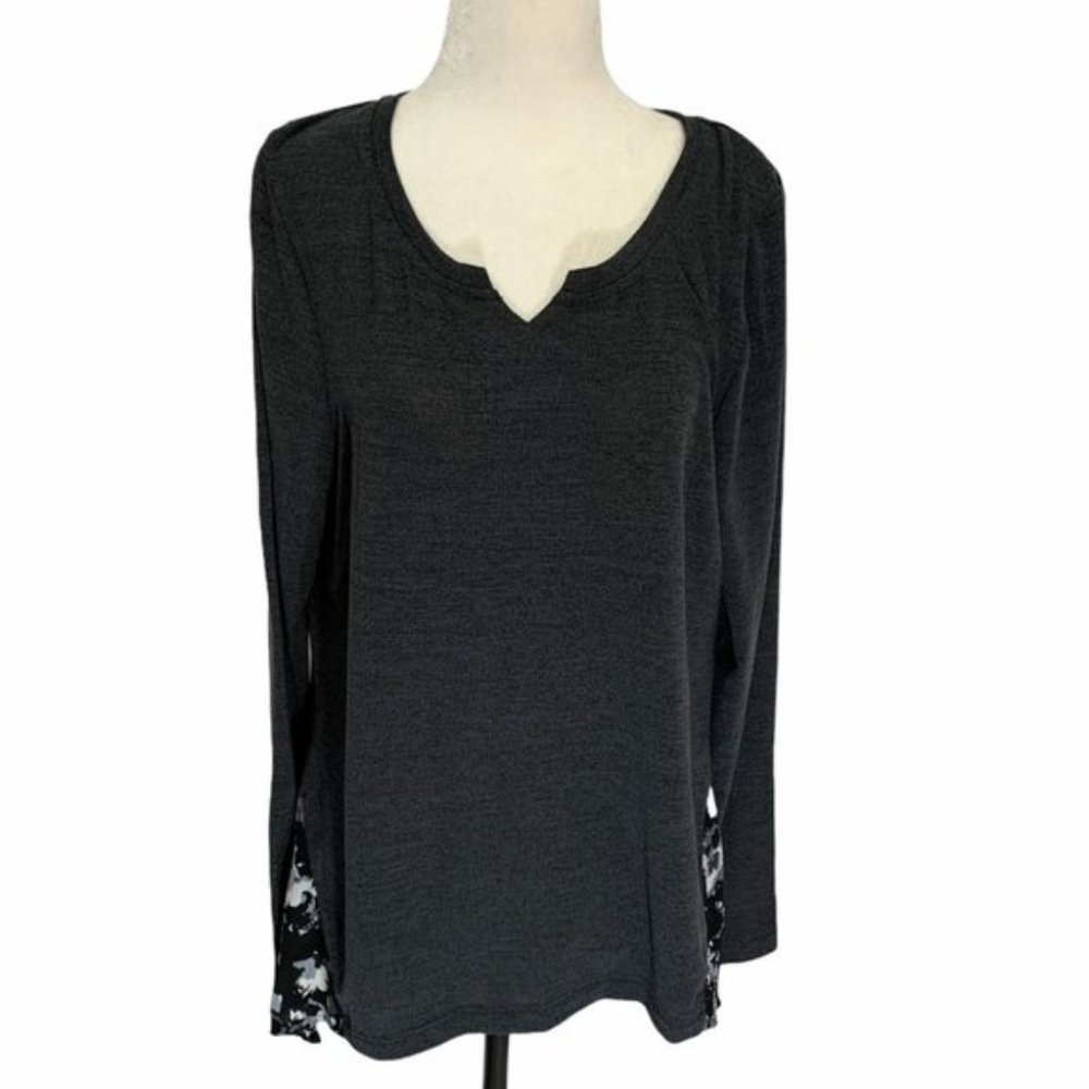 Three Stones Black + Floral High/Low Sweater Top Tunic Size L